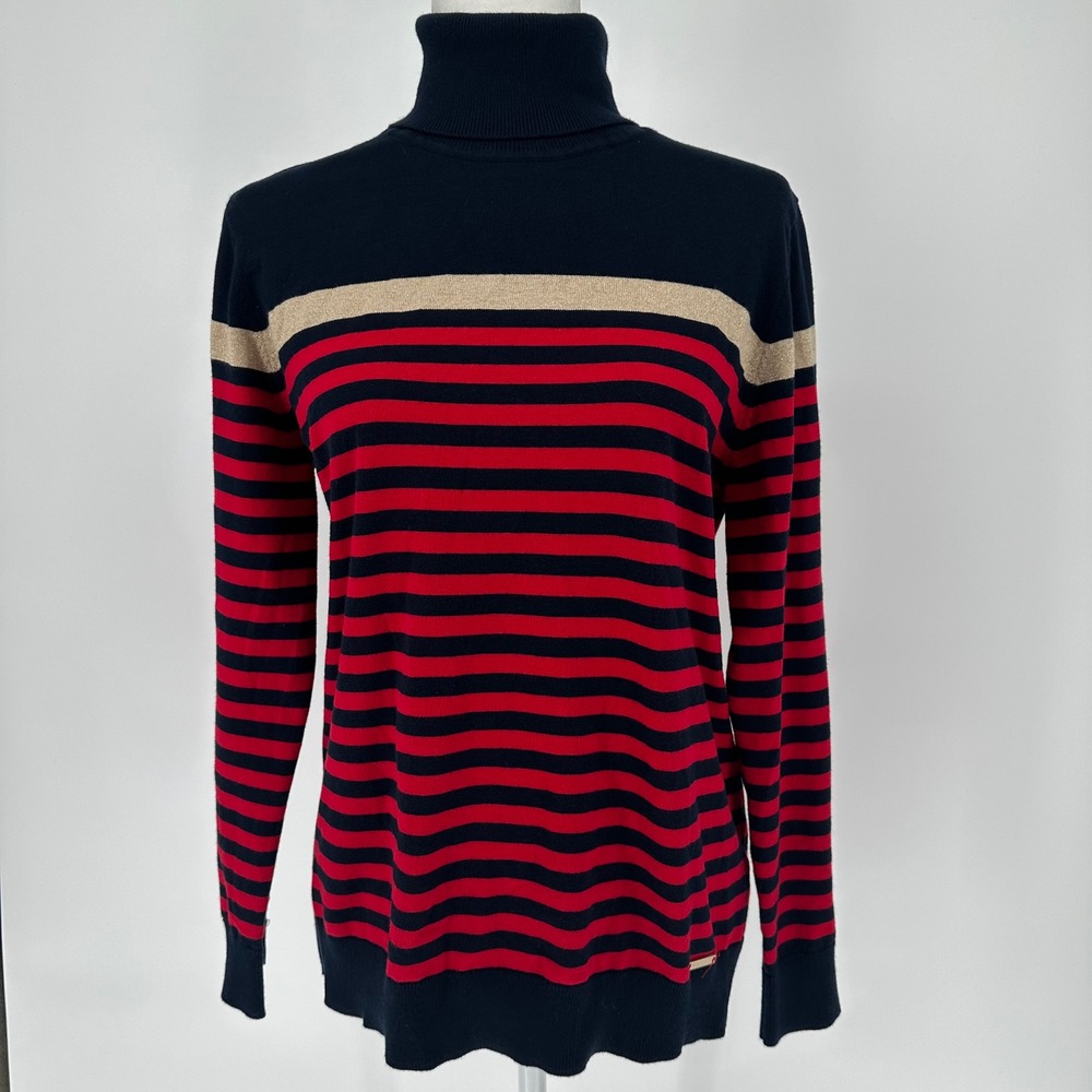 Tommy Hilfiger Women's XL Striped Turtleneck Sweater Red Navy Gold Button‎ Cuffs